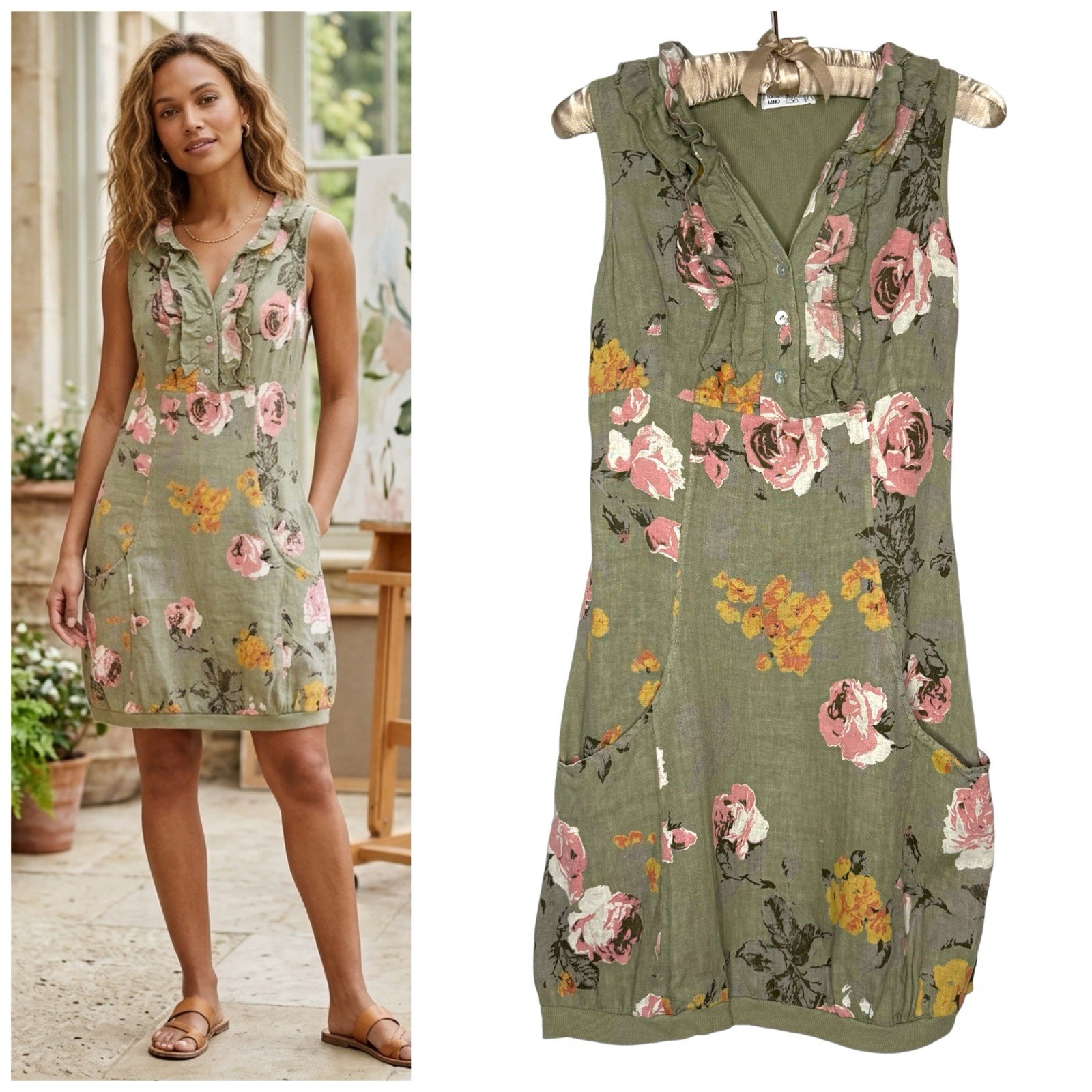 Made in Italy Small 100% Linen Floral Ruffle Neck Shift Lagenlook Dress