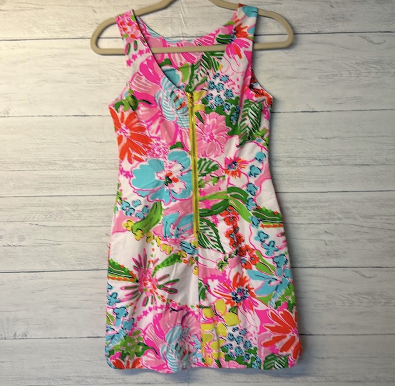 Lilly Pulitzer Pink Floral Shift Mini Dress Scoop Neck Lace Trim Zip Women 2