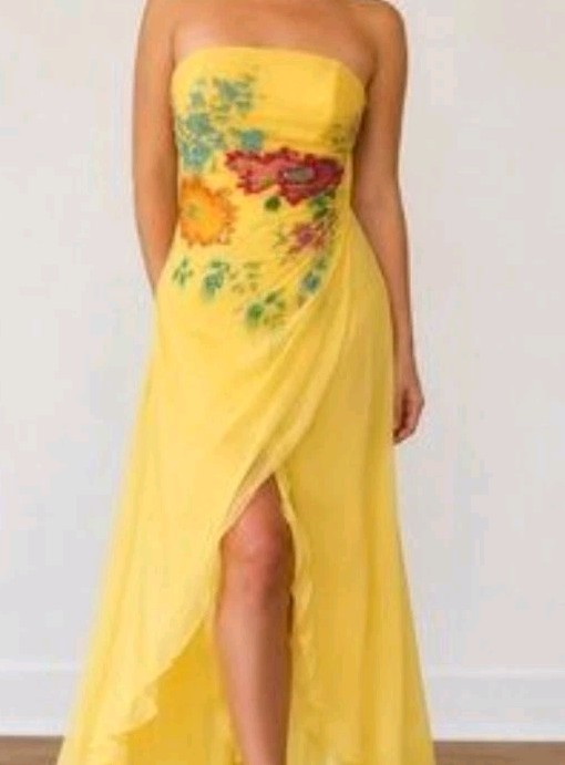 Vintage Cache Yellow Dress Maxi Beaded Floral Gown 2 S Silk Y2K Glam Evening