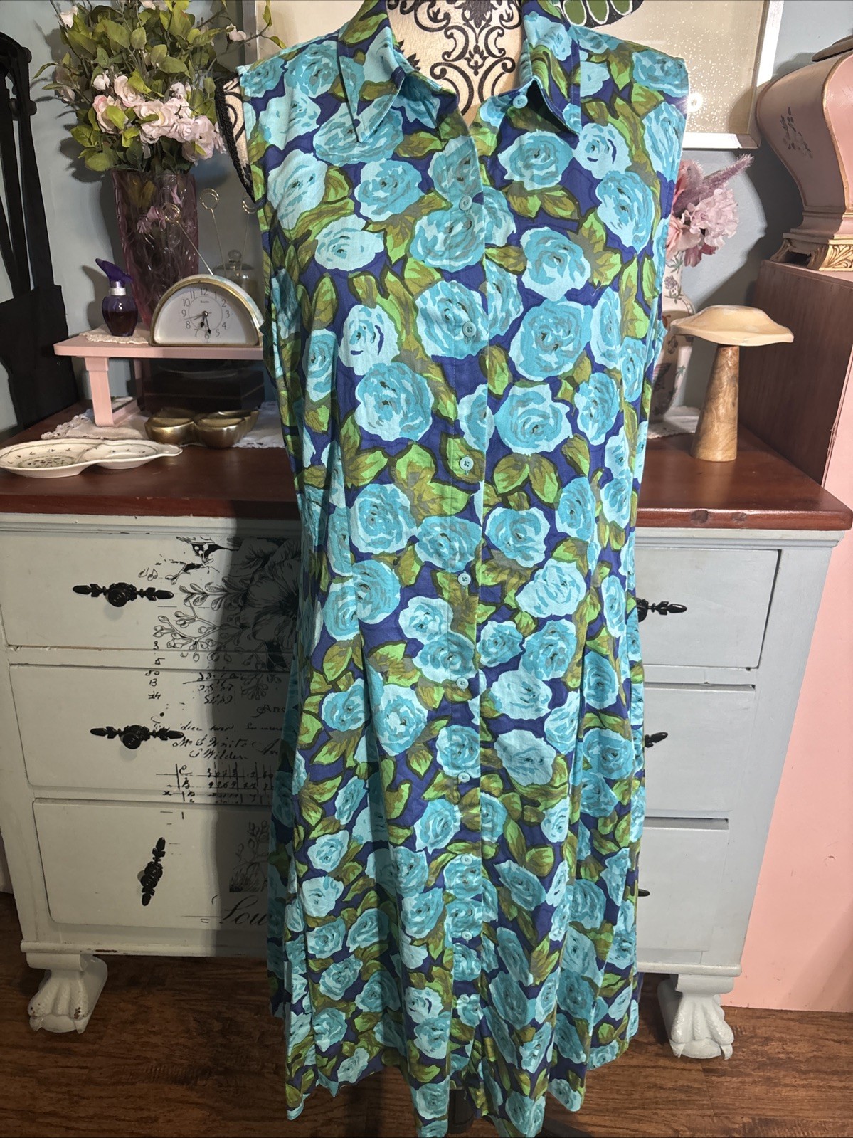 Talbots Floral Shirtdress 14 Blue Green Garden Party Modern Romantic Cottage.