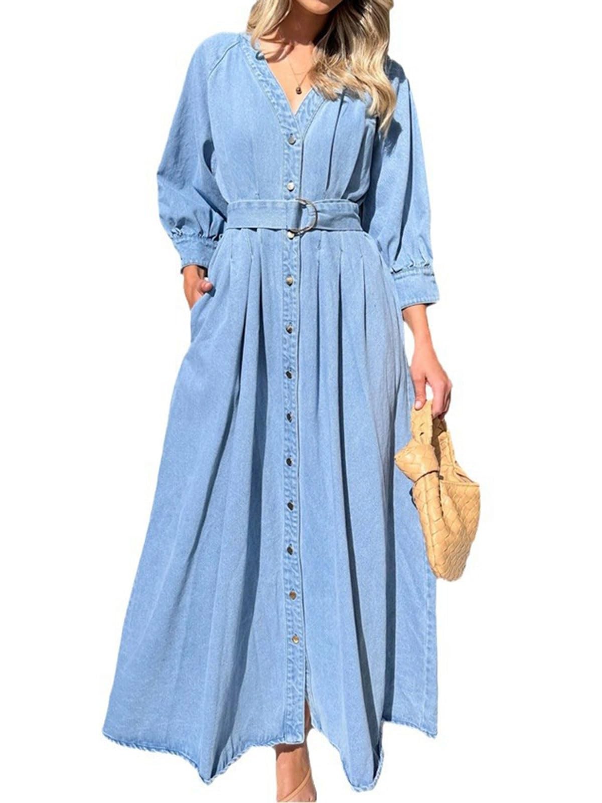 utcoco Womens 2025 Fall Winter Denim Shirt Dress V Neck 3/4 Long Sleeves Medium