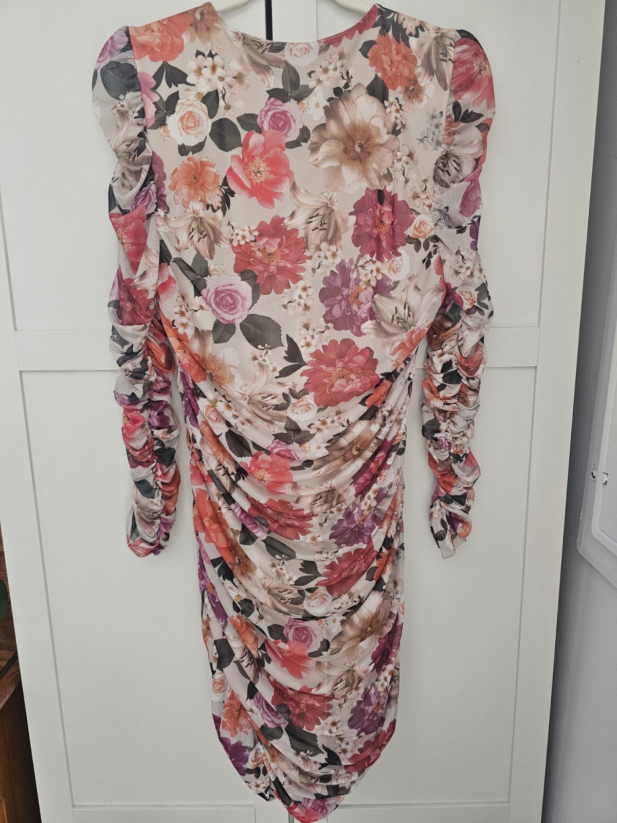 Express Floral Ruched Mesh Bodycon Dress L Long Sleeve Knee Length Lined Stretch