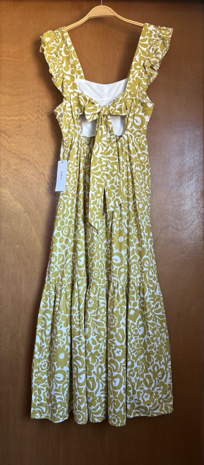 Chartreuse Boho Floral Cotton Midi Dress S Open Bow Back Ruffled Cottagecore NWT
