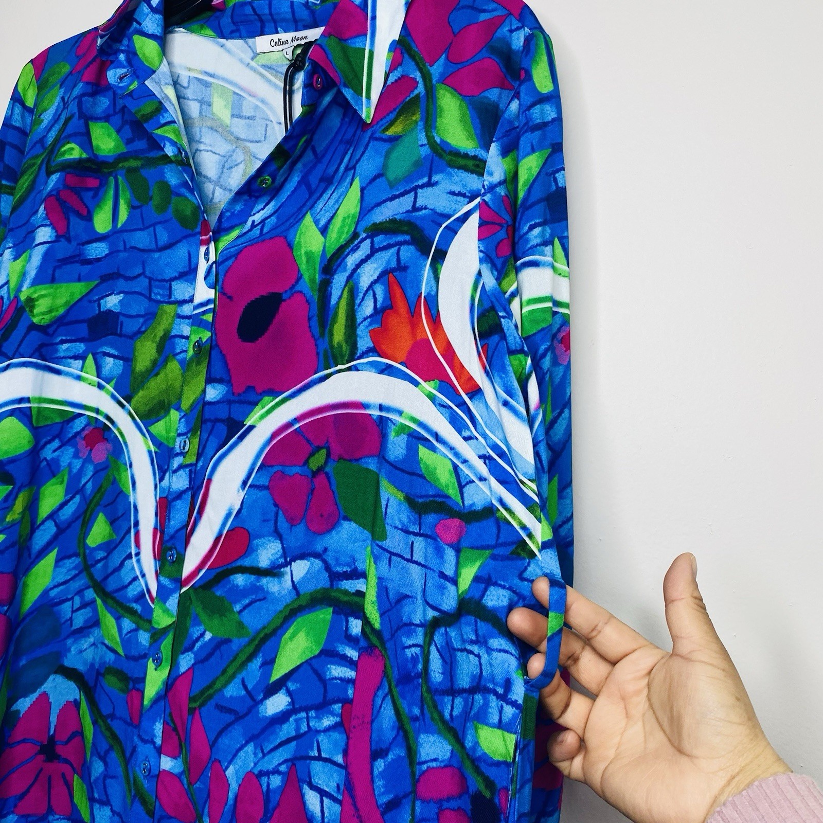 Celina Moon Blue Floral Button Front Midi Dress Pocket Long Sleeve Sz Large