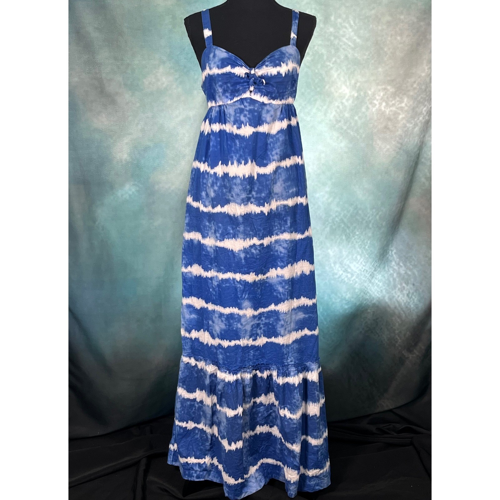 Women’s Blue White Tie Dye Maxi Sundress Large 100% Cotton Patriotic Beach Dress
