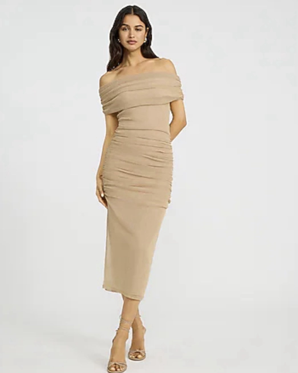 Express Beige Off Shoulder Ruched Mesh Bodycon Midi Long Sleeve Dress XL