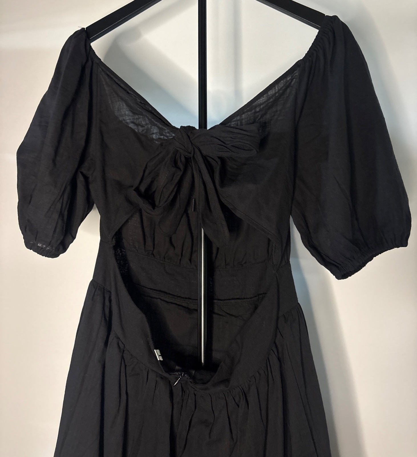 SHEIN Midi Black Backless Cut Out Puff Sleeve Tie Back Smocked Waist Ruffled Hem