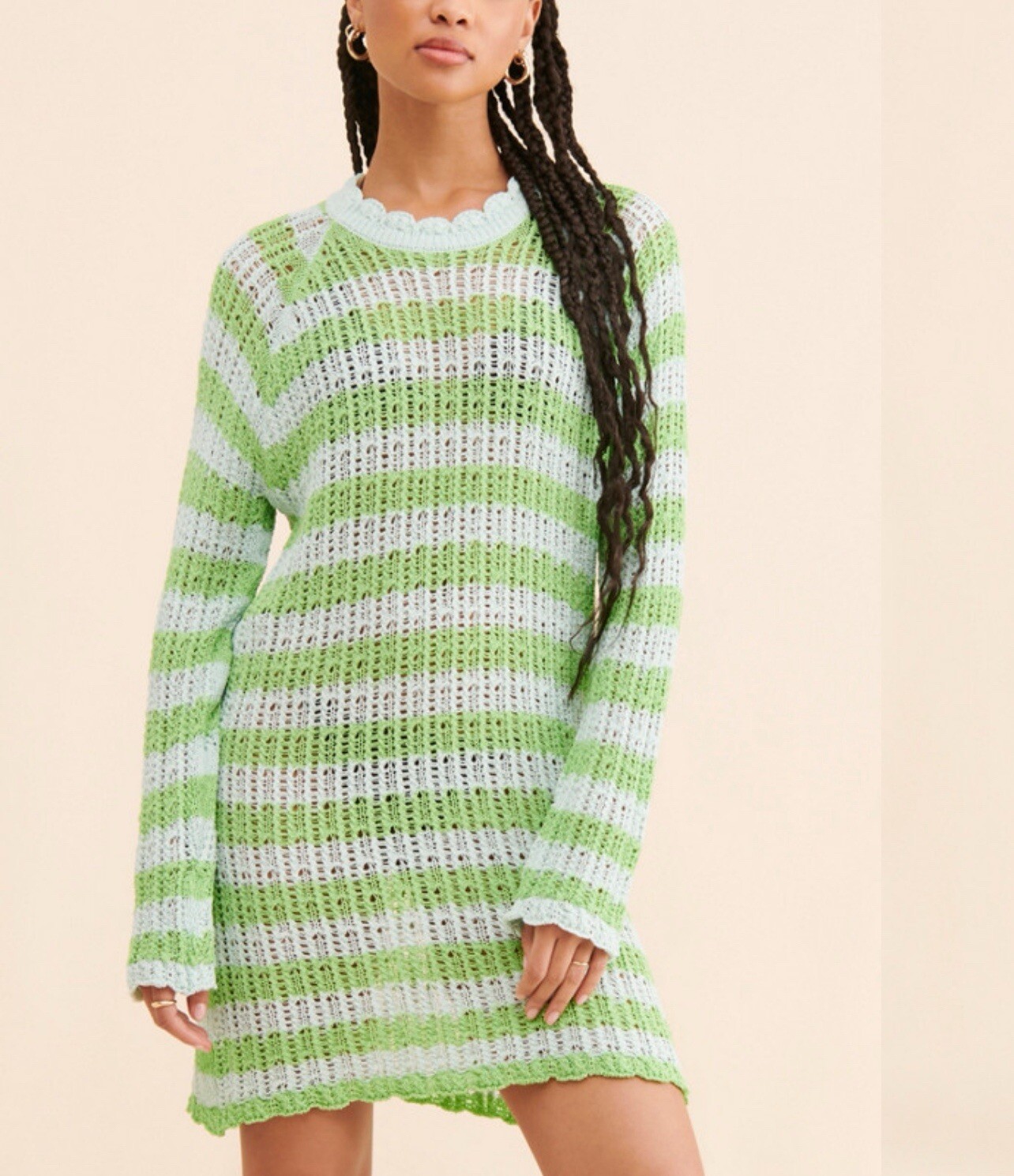 4SI3NNA Dress Women Green Striped Classic City Beachy Pullover Tunic Sz XS