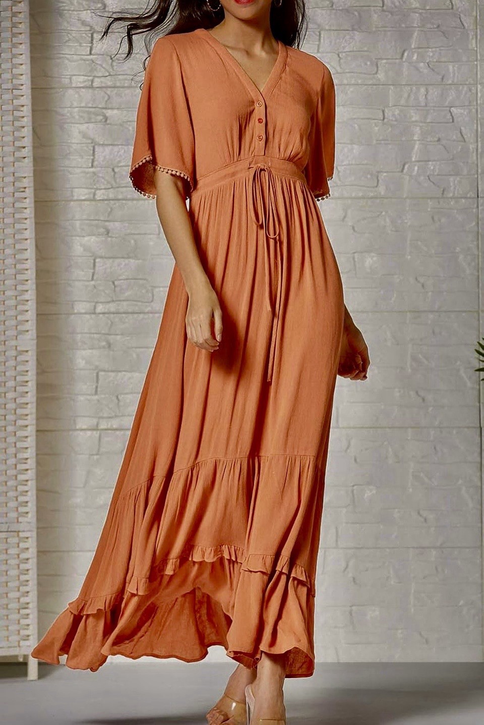 Bohemian V-Neck Tiered Maxi Dress with Waist Tie – Rust XL