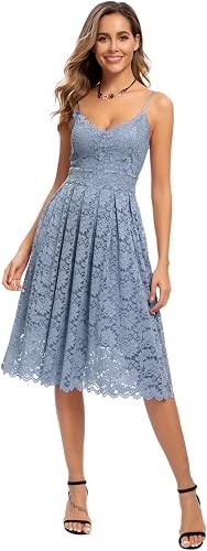 Womens Lt Blue Lined Spaghetti Strap V Neck Sleeveless A Line Lace Mini Dress-S