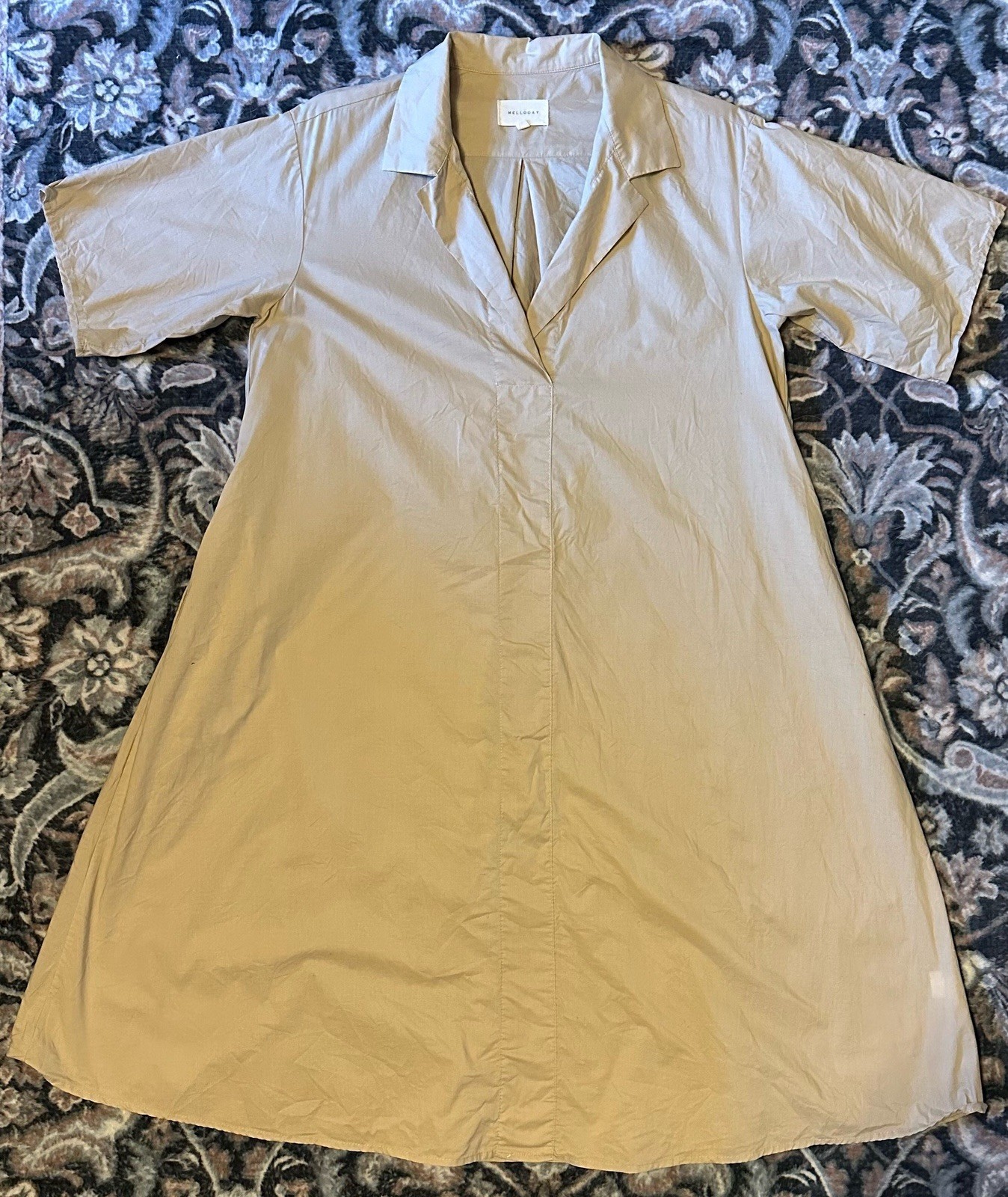 Melloday Collared A Line Short Sleeve Lightweight Midi Dress Beige Sz S, Pockets