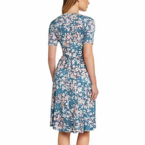 Matty M Size:LARGE Ladies Faux Wrap Dress Color: Blue Floral