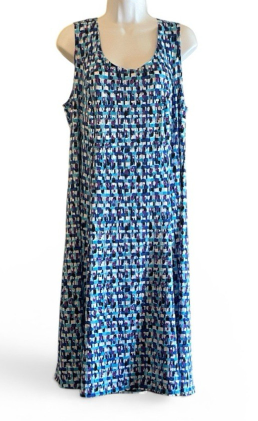 Kim Rogers Geometric Abstract Scoop Neck Spring Dress Size 1X Blue Sleeveless