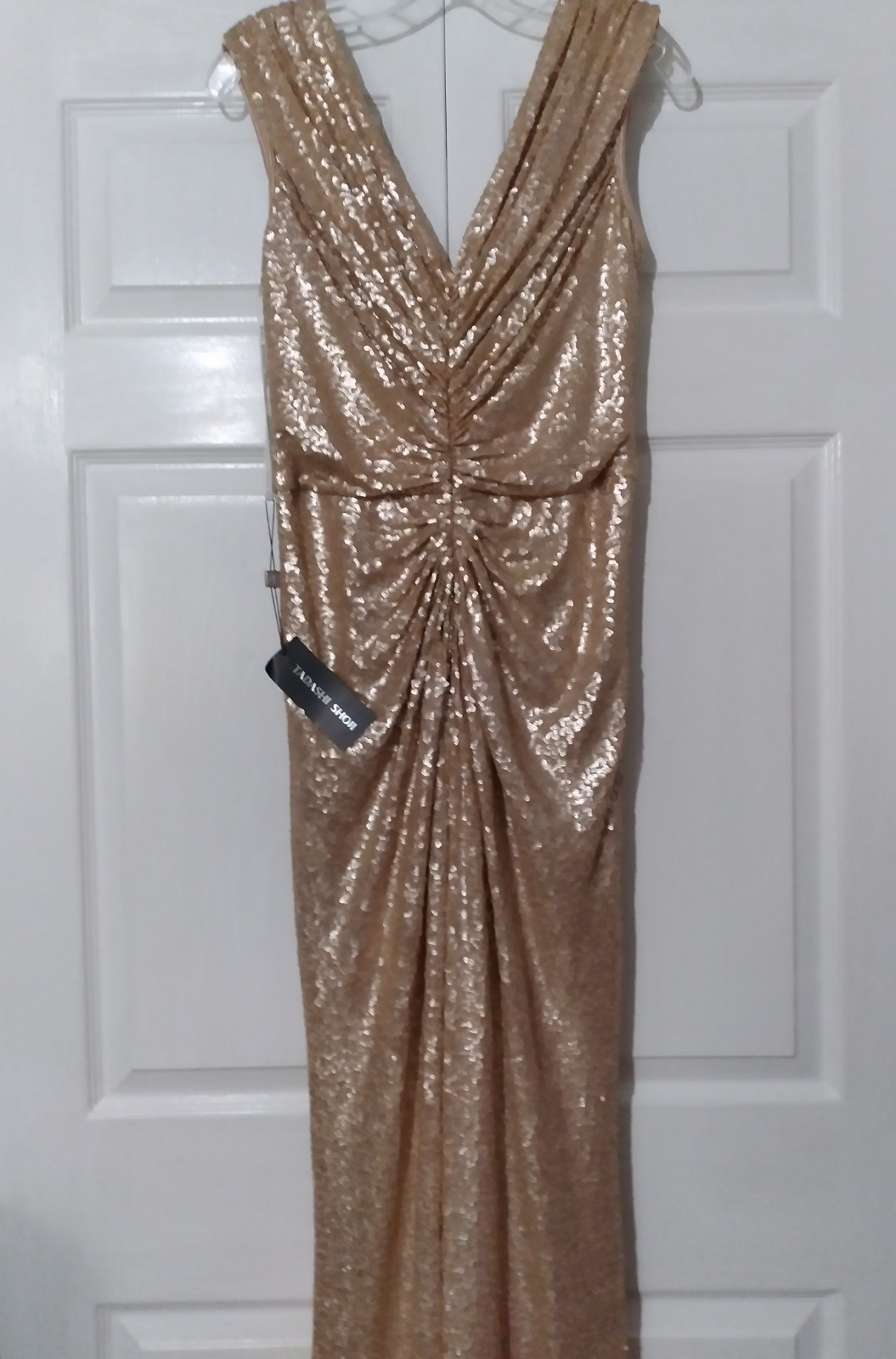 NWT Tadashi Shoji Champagne Lace Sequin Sleeveless Ruched Long Gown Dress MEDIUM