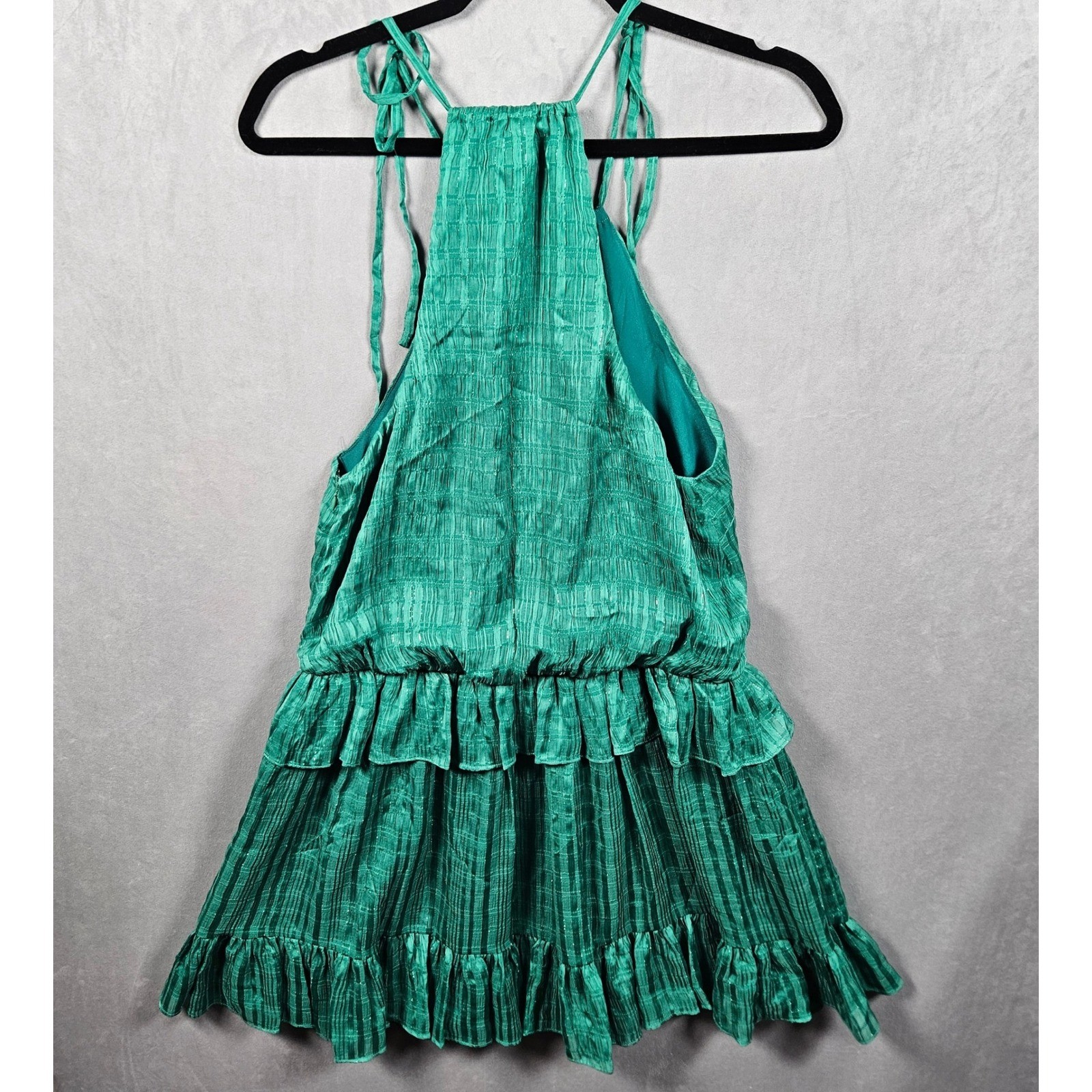 NEW Lovers + Friends Mini Dress Womens Medium Green Metallic Ruffle Halter Lined