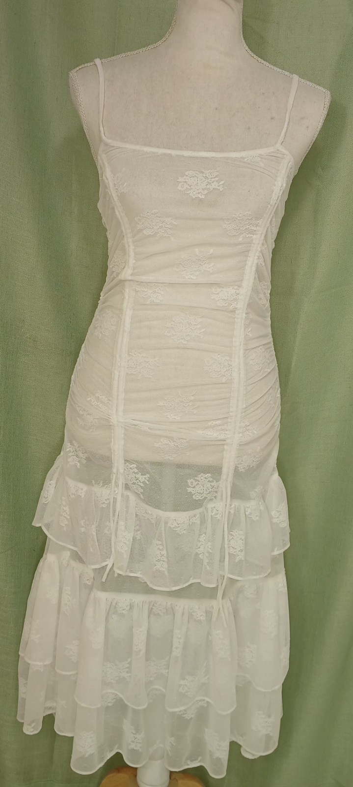 Steve Madden White Sheer Floral Lace Ruched Dress Ruffle Strappy Sz S NWT