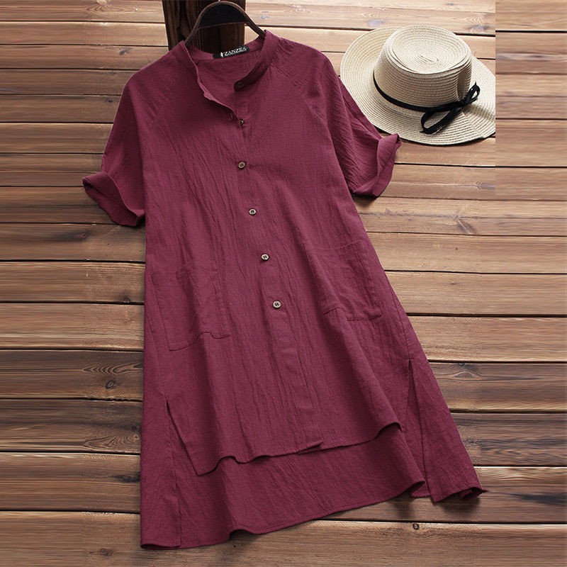Casual Womens Raglan-sleeve Cotton-linen Top With Buttoned Pockets