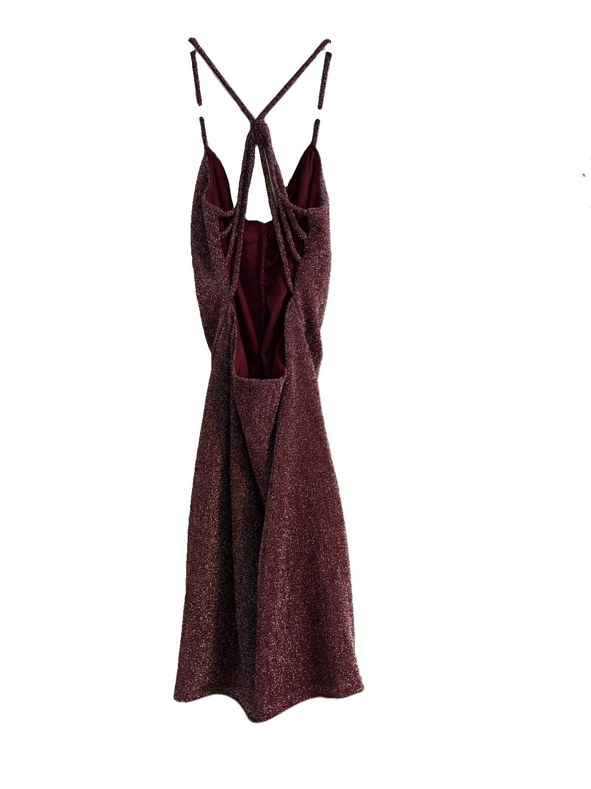 Crystal Doll Stretch Maroon Glitter Bodycon Party Dress Open Strappy Back Size 1