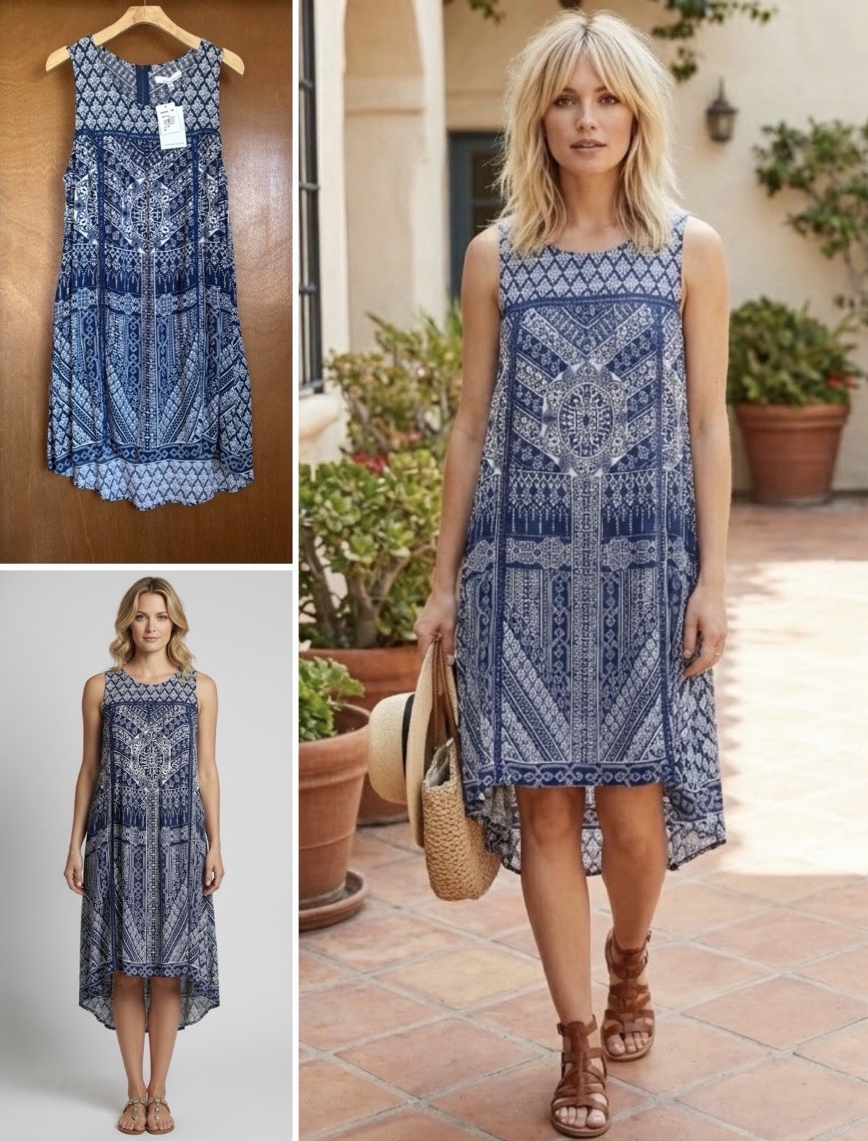 Boho Ikat Print Hi Low Shift Dress Blue White Sleeveless Resort Beachy Vacay M