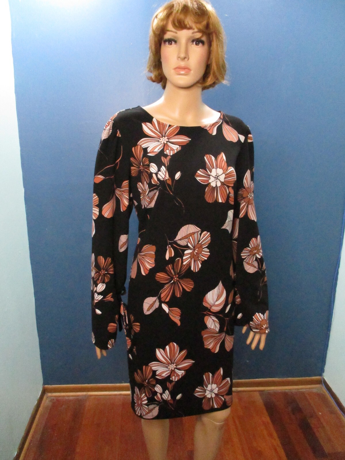size 14 black and rust floral zip up knit sheath retro mod dress by NINE WEST