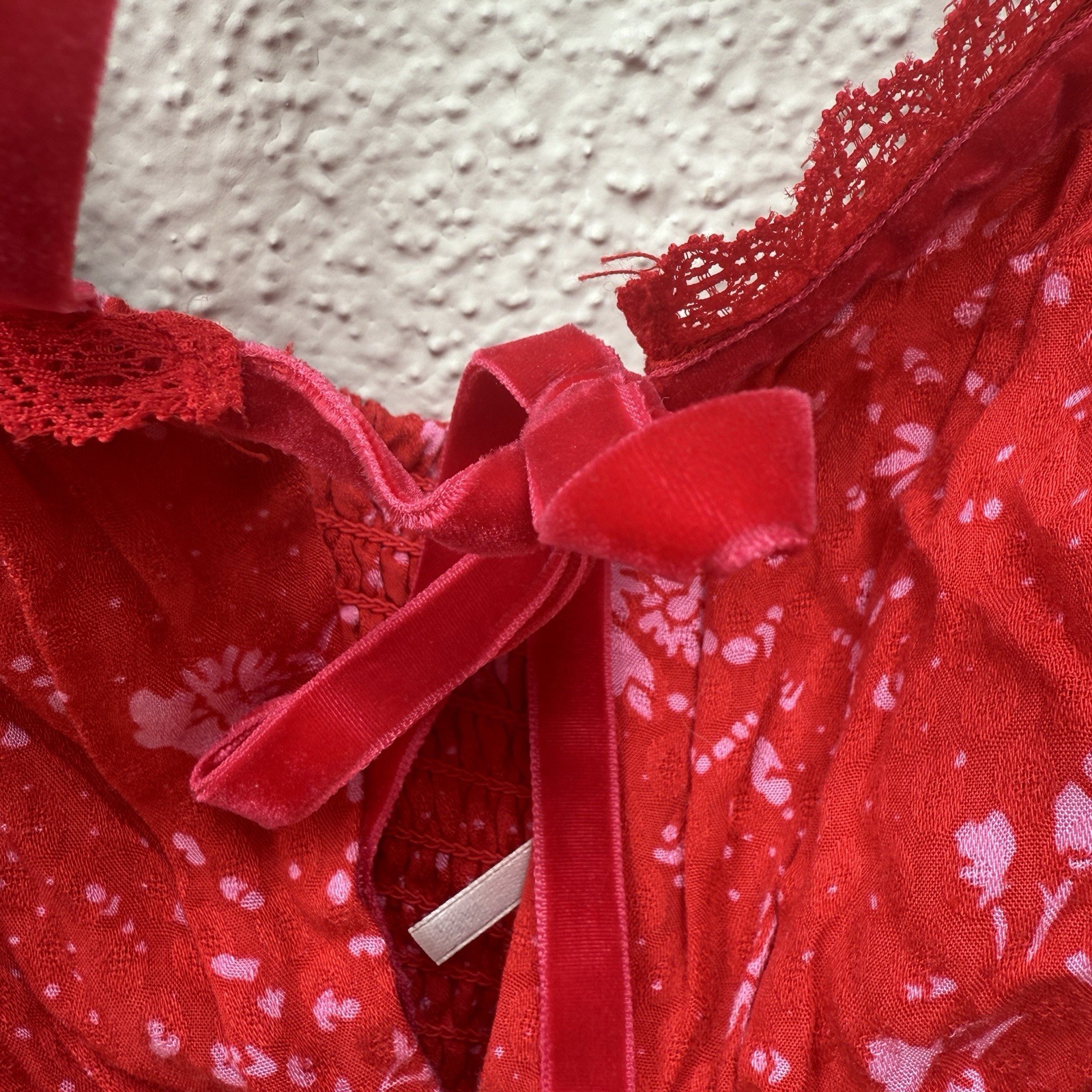 Free People Size XL Tess Mini Dress Red Floral Ruched Long Bell Sleeves
