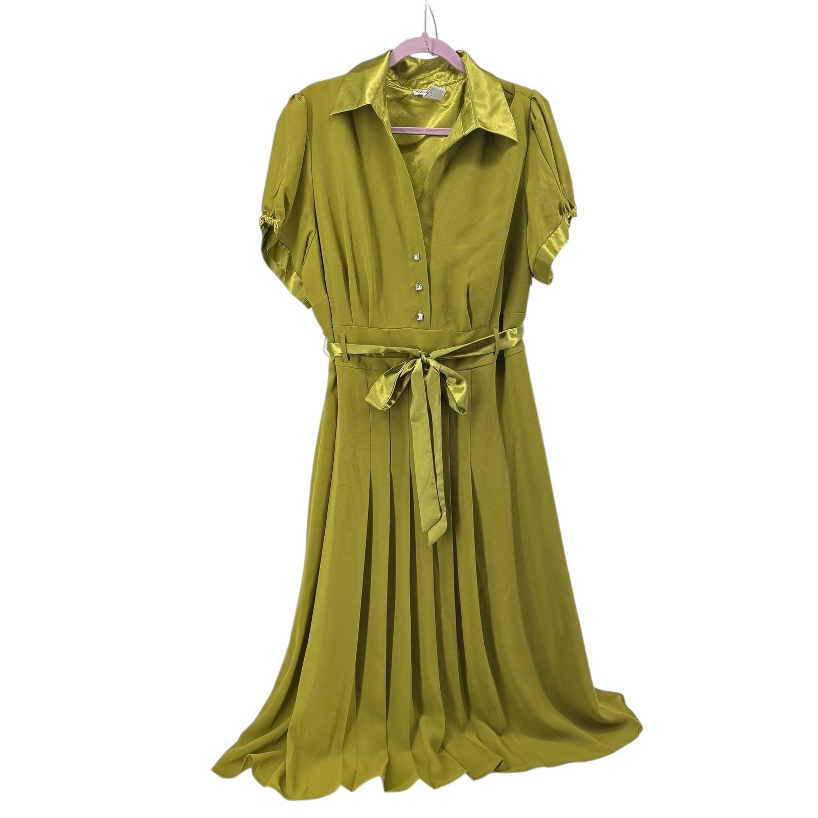 Jessica London Green Midi Dress Satin Collar Belt Rhinestone Buttons Size 20W