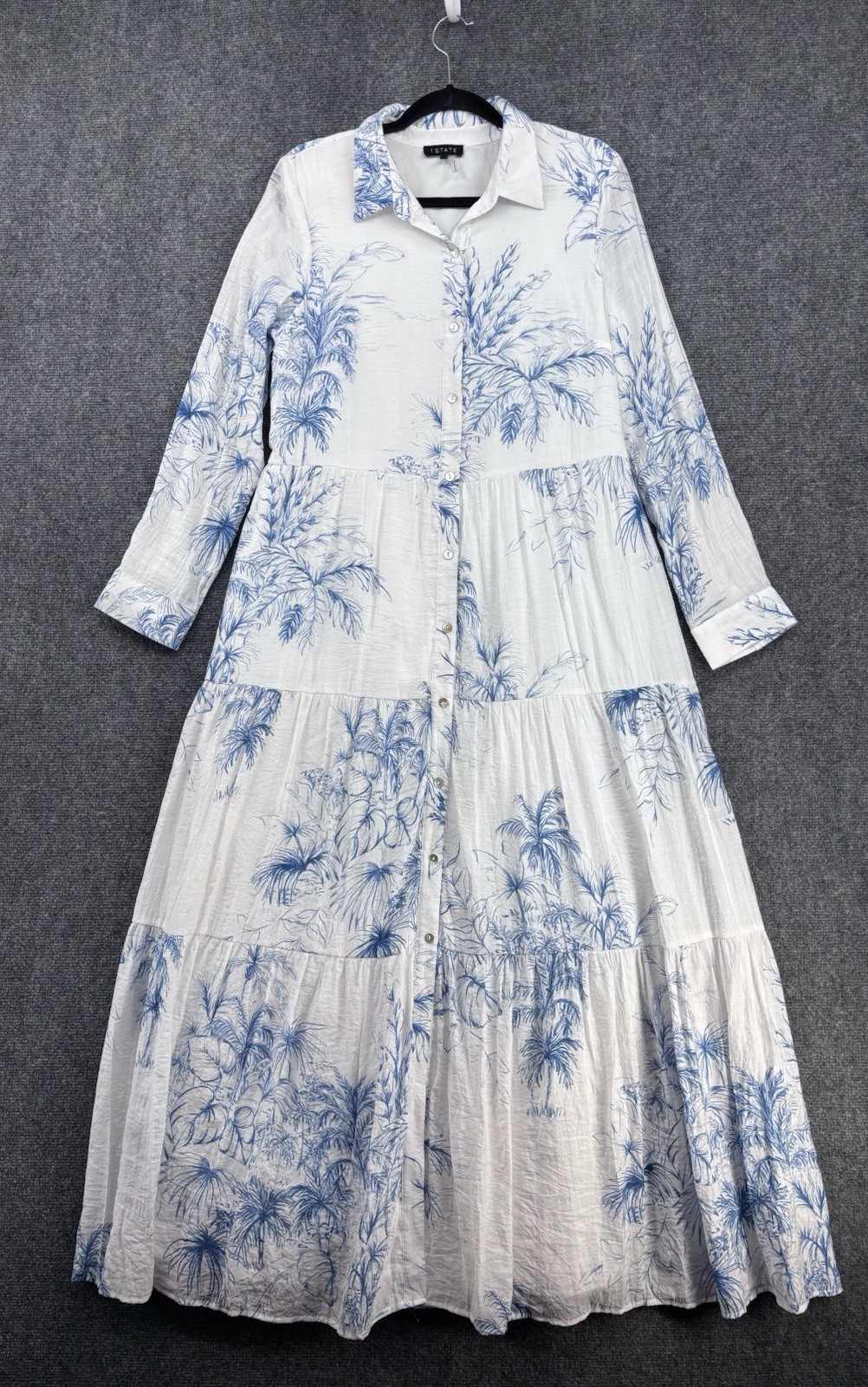 1 State White Blue Tropical Coastal Cottagecore Toile Tiered Maxi Dress Size M