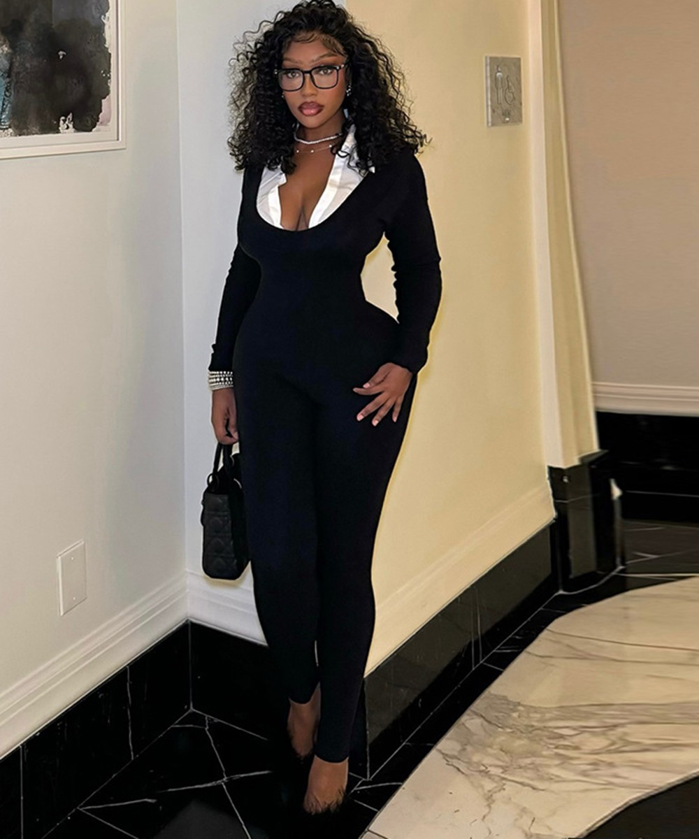 Sleek Contrast Collar Catsuit Jumpsuit