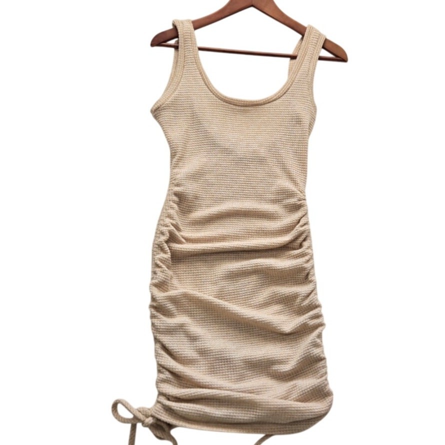 Waffle Knit Sleeveless Tank Dress Drawstring Sides Sexy Bodycon Beachcore M