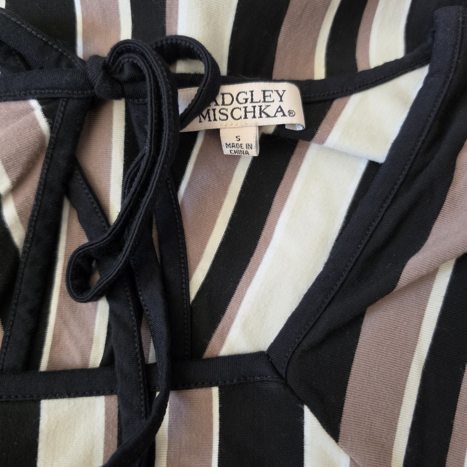 Badgley Mischka Angel Sleeve Tie Back Striped Jersey Dress, Taupe/Black, Size M