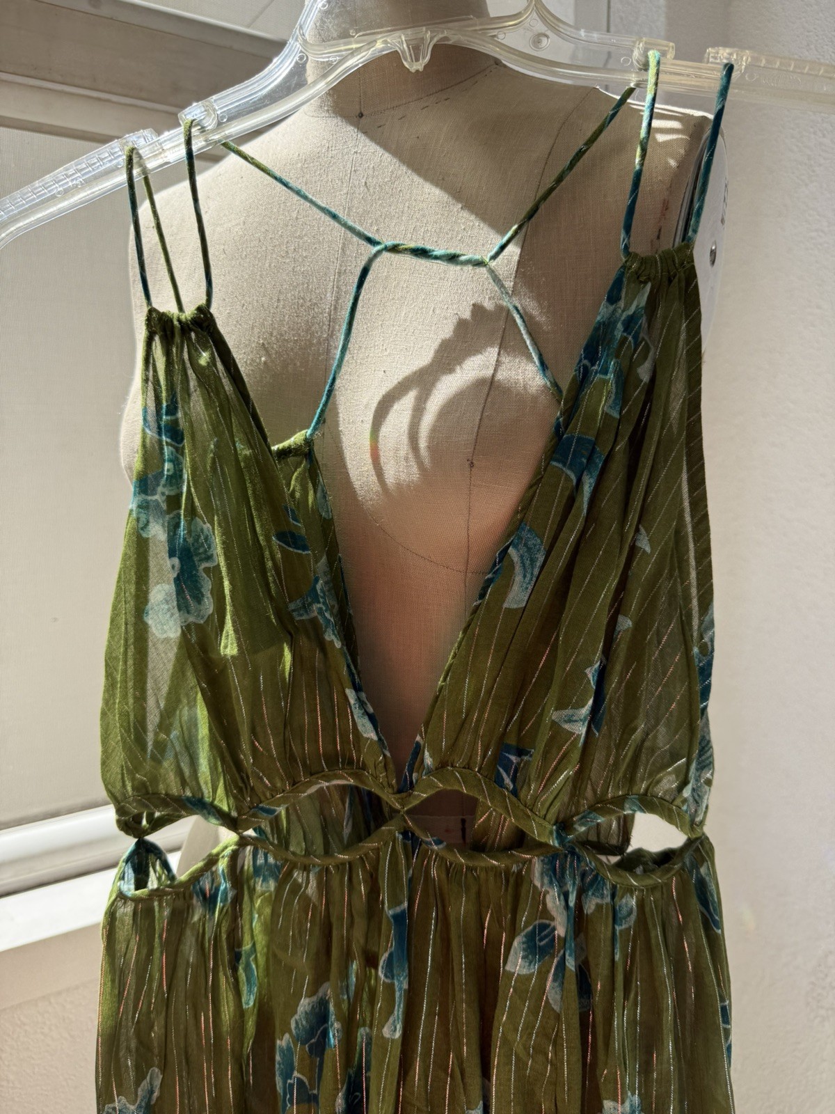 Anthropologie Green Print Sundress W/gold Thread Accents, Sz L, New W/o Tags