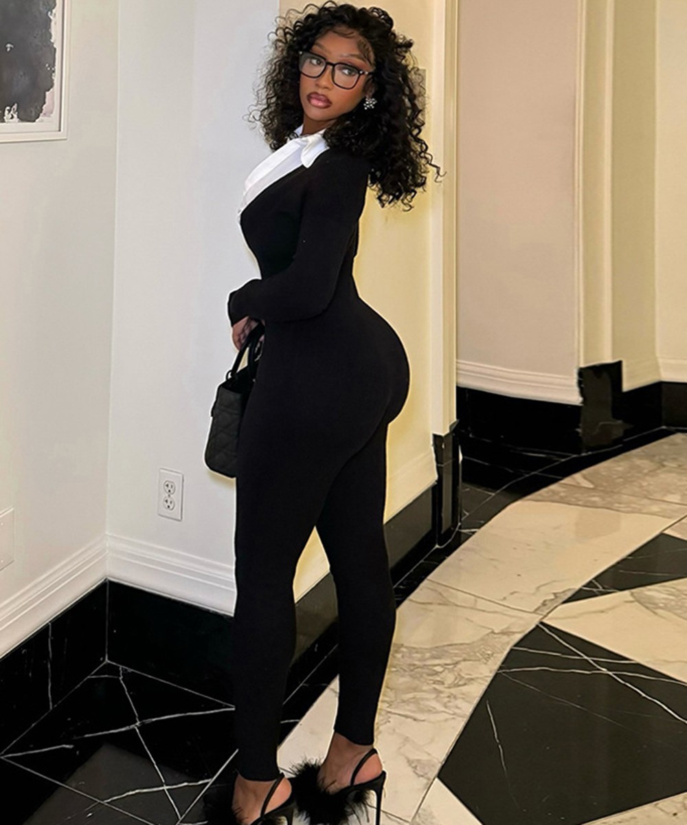 Sleek Contrast Collar Catsuit Jumpsuit