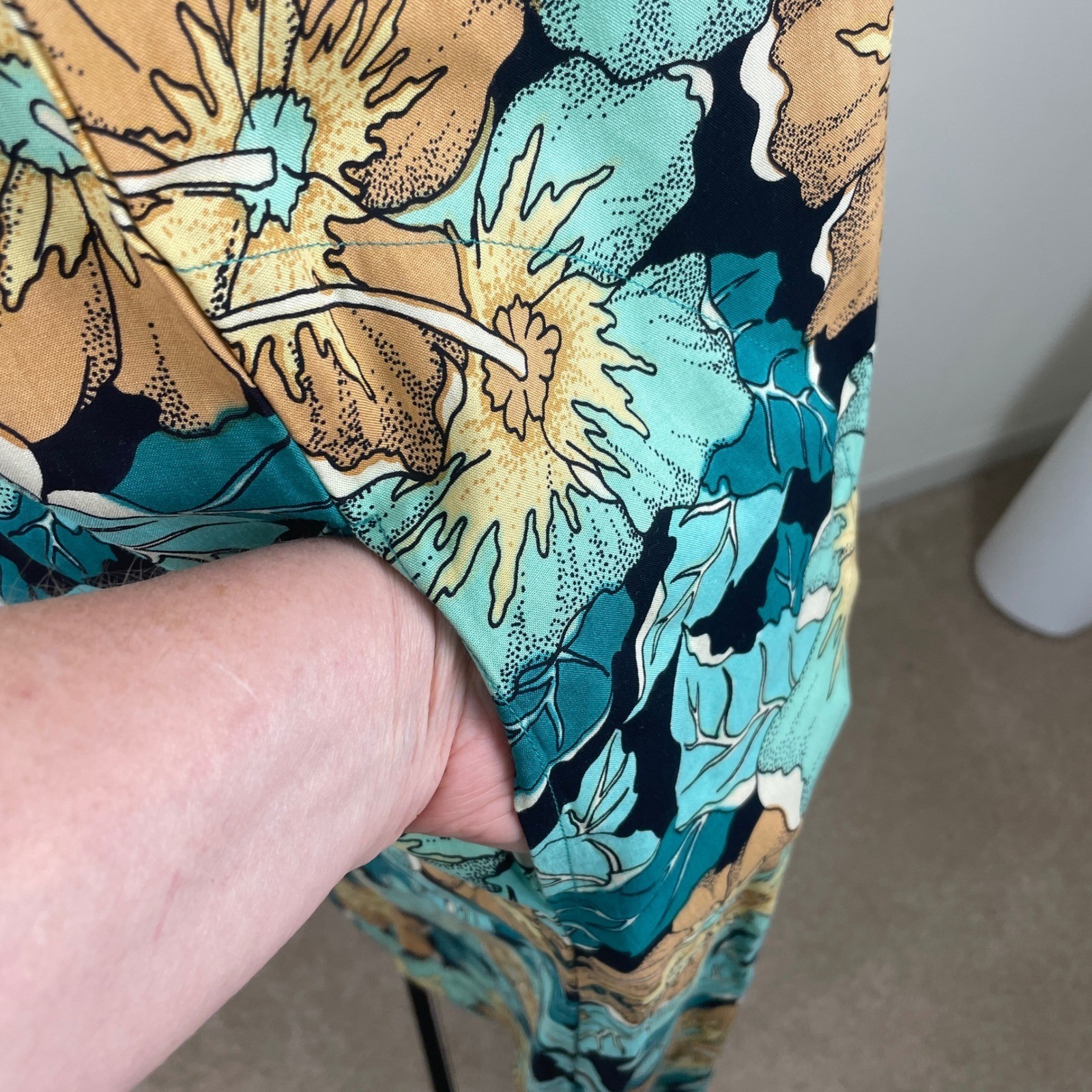 Rainbow Jo Maui Hawaii Womens Small Rayon Hibiscus Floral Maxi Dress Teal Tan