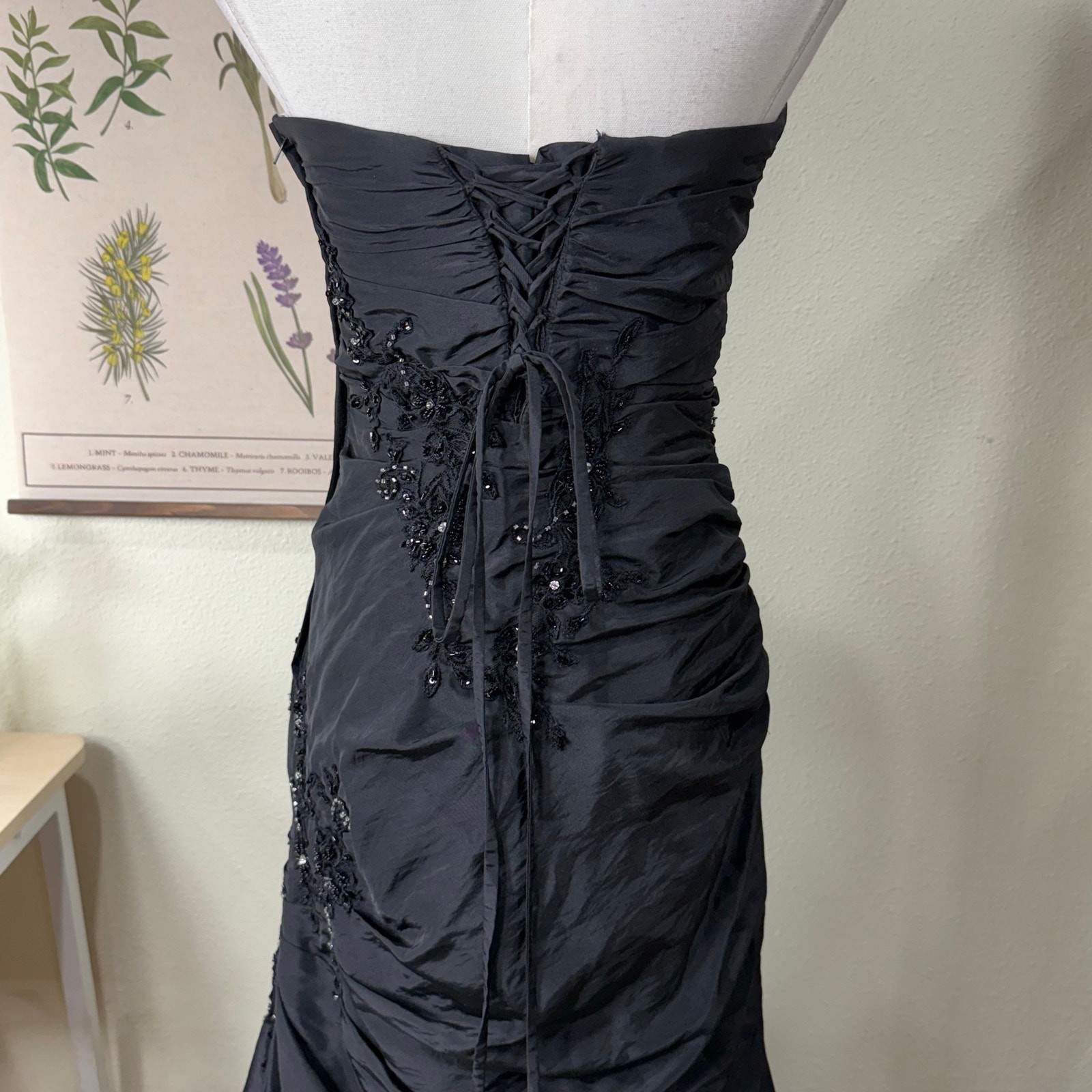 90s Y2k Beaded Floral Corset Back Ruched Formal Dress Romanitc Goth Sexy Glam XS