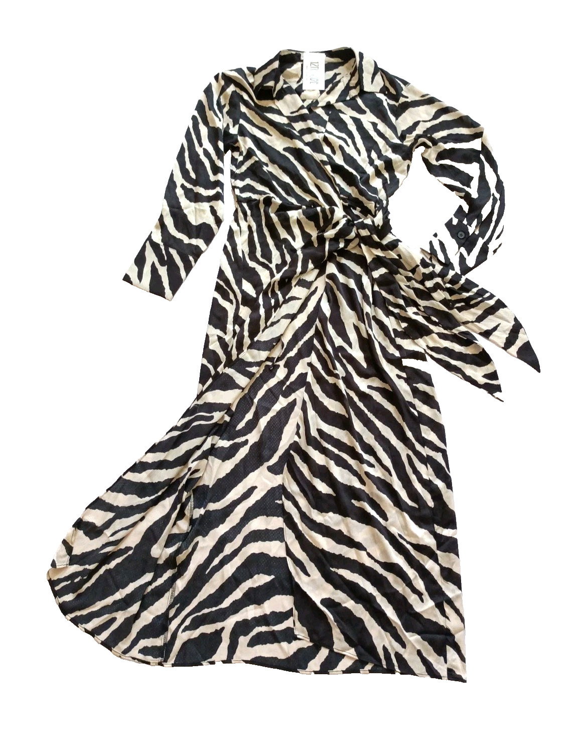 NWT 12th Tribe Wrap Maxi Dress Collared Zibra Print Long Sleeve M Cream Black