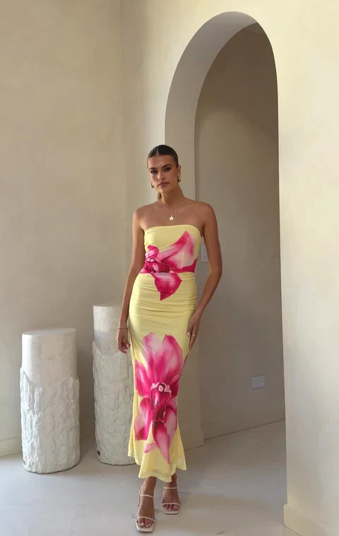 NEW Large Elegant Sleveless Ruched Soft YELLOW Maxi Dress w Pink & White Flowers