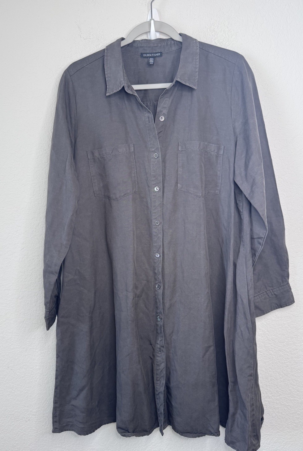 Eileen Fisher Shirt Dress Women’s M Lyocell Linen Button Front Taupe Minimalist