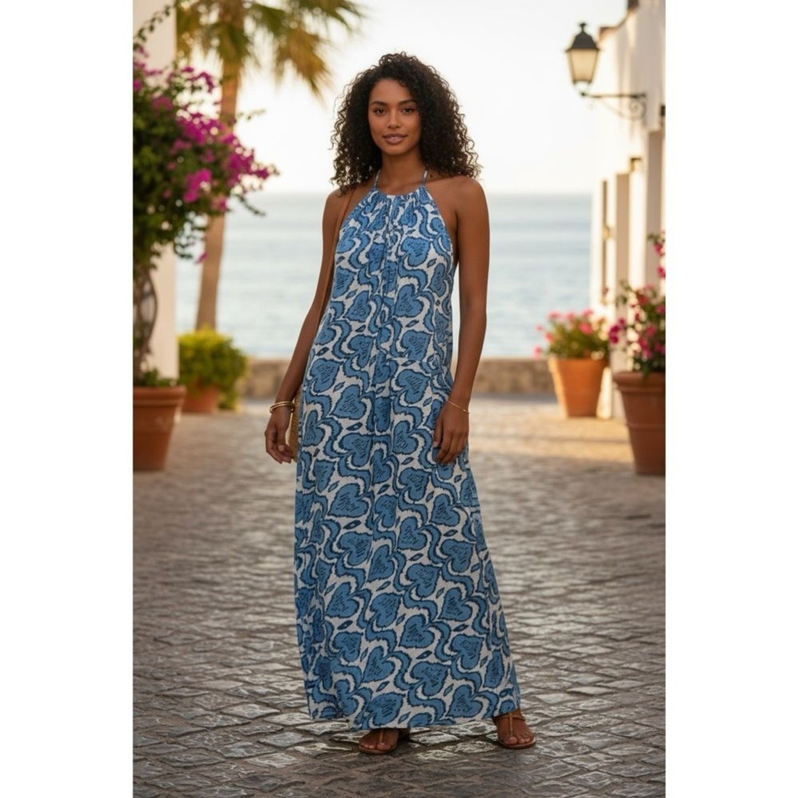 FITZROY & WILLA Boho Sleeveless Blue/White Printed Flowy Cotton Maxi Dress