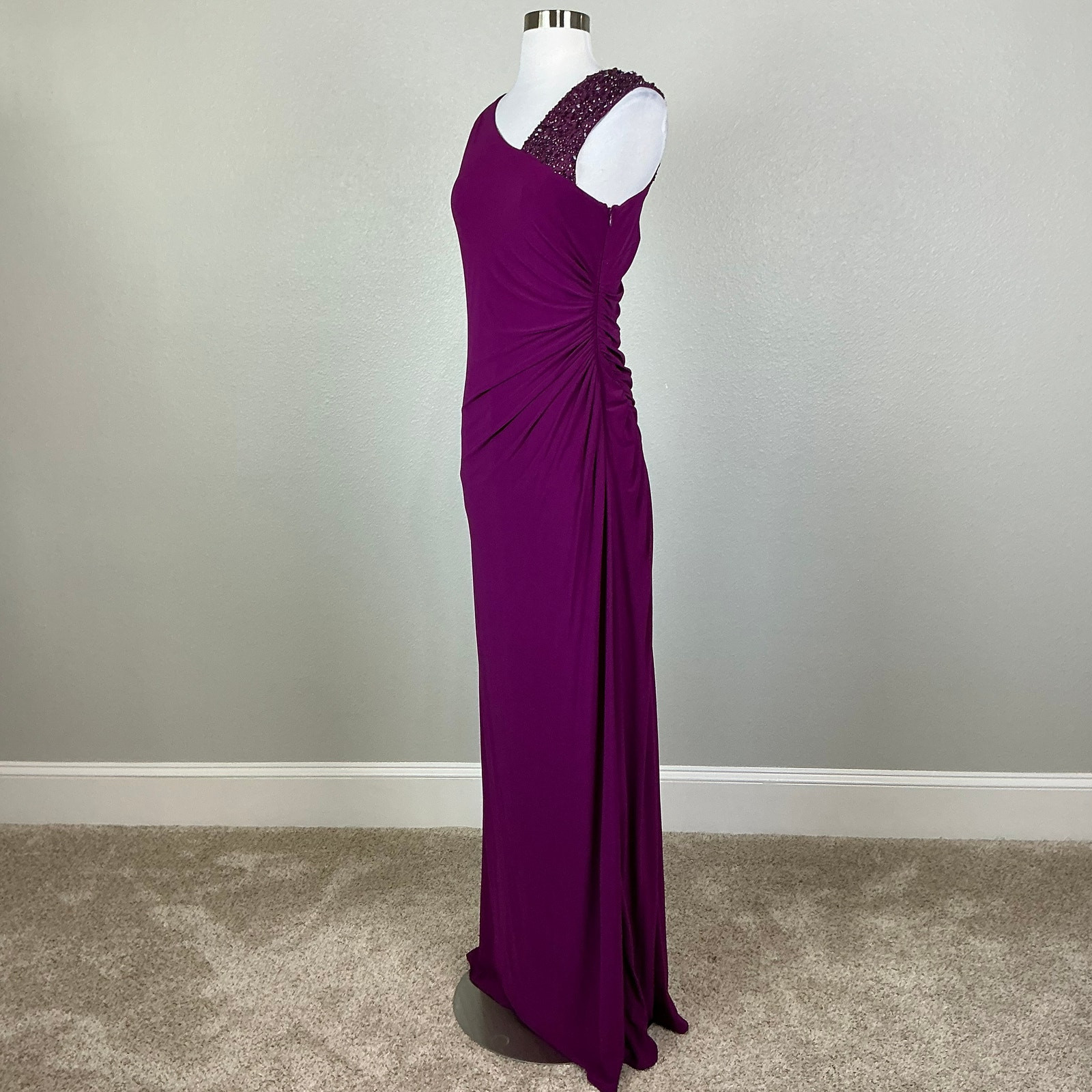 Adrianna Papell Pink Evening Gown Beaded One Shoulder Long Column Dress Size 8