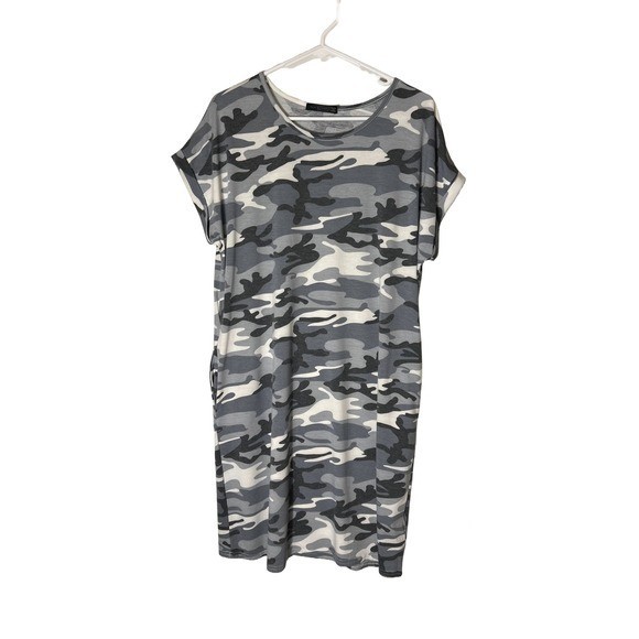 Womens Camouflage T Shirt Dress Midi Casual Short Sleeve Gray White Black Size L