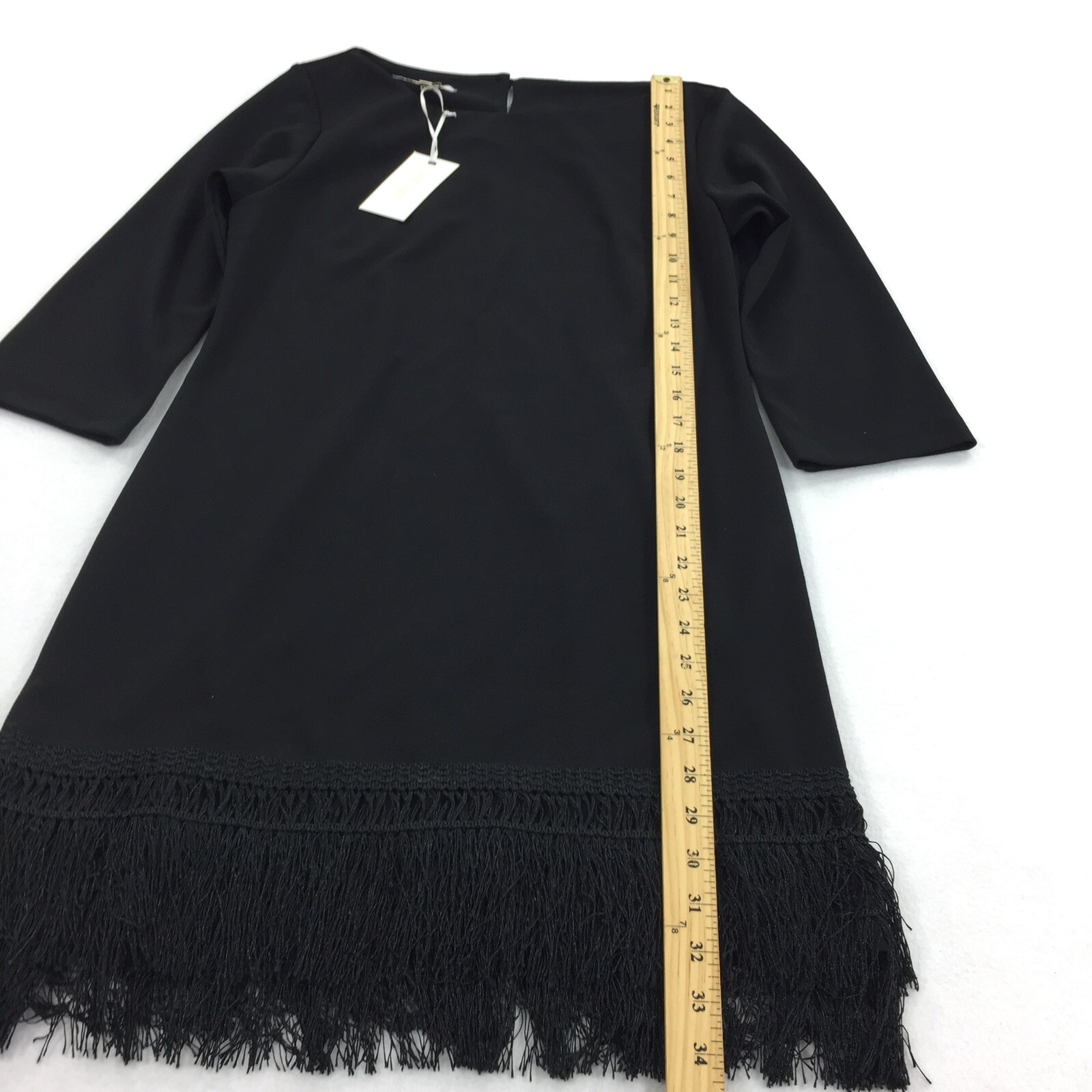 NWT Britt Ryan 3/4 Sleeve Fringe Botton Cocktail Dress Small Solid Black LBD S