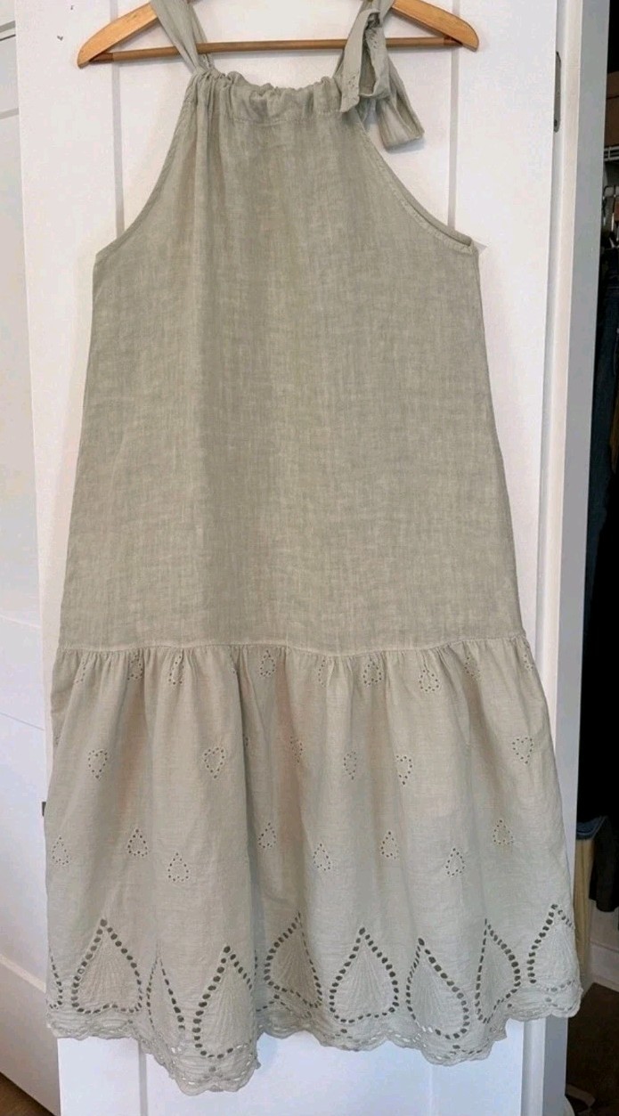 Valentina Naldi Made in Italy 100% Linen Eyelet Tie Shoulder Midi Dress M
