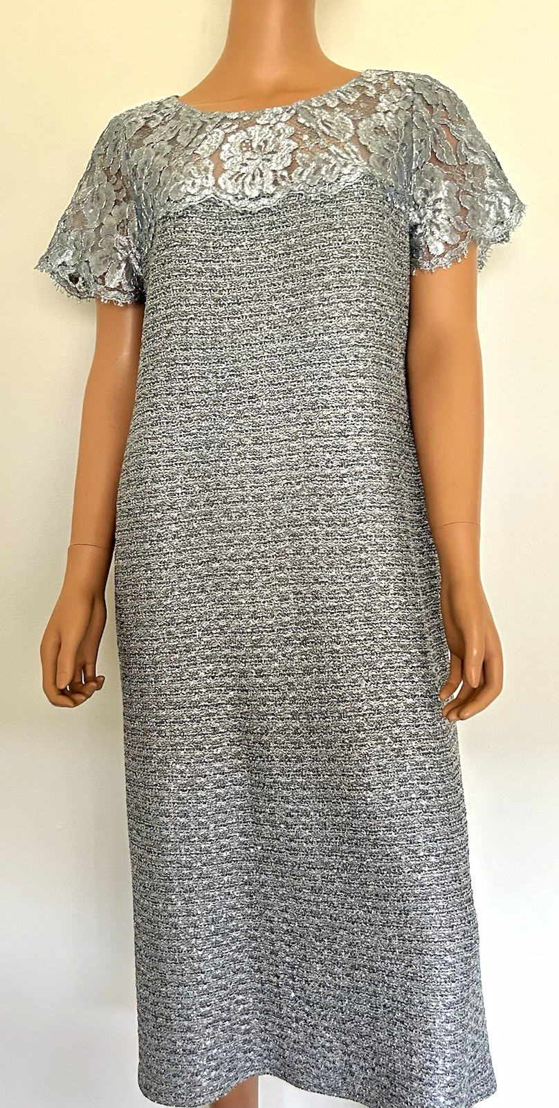 Silver Metallic Midi Dress Lace Yoke Sparkle Evening Cocktail Dress RT18