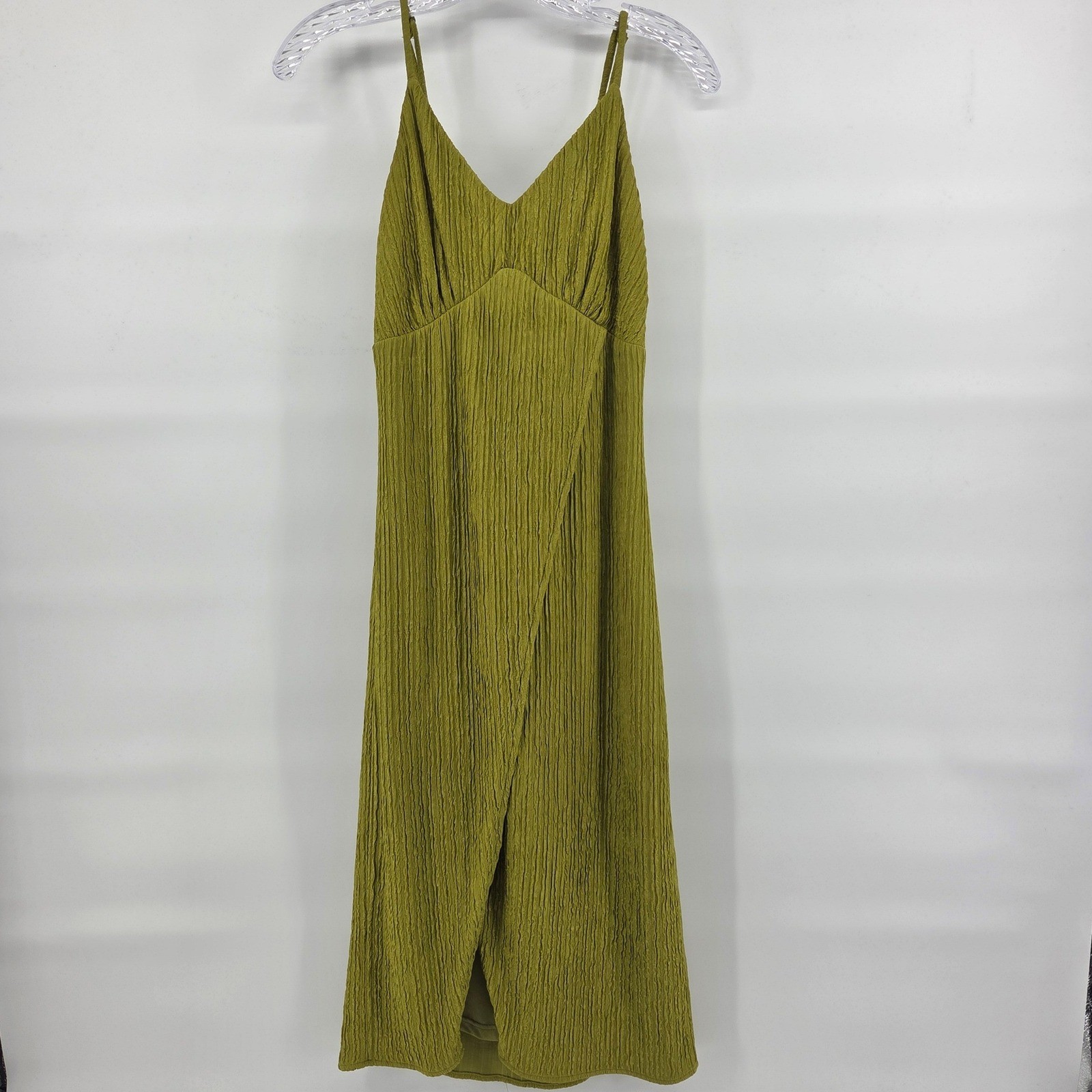 Lulus Midi Dress XS Avocado Green Crinkle Wrap Back Tie Party Eclectic Summer