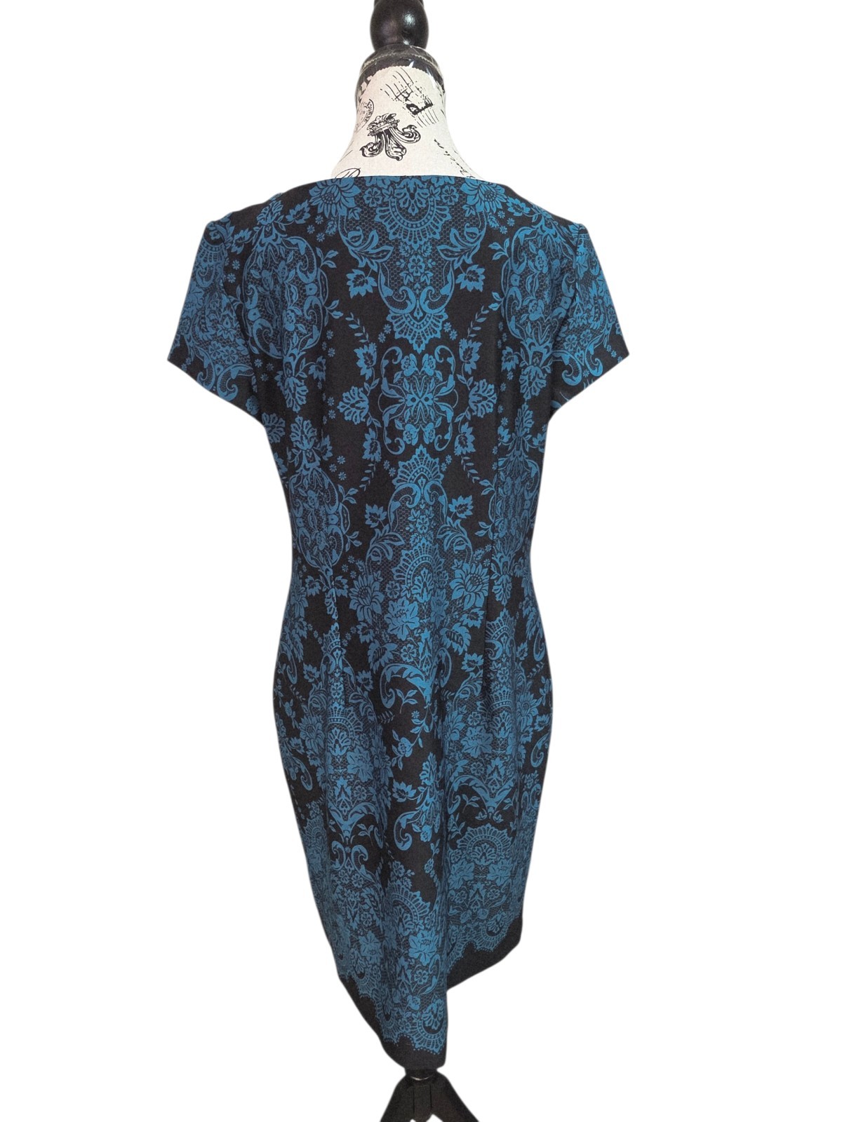 Studio One NY Ornate Teal Scroll Print Dress 14 Dark Academia Victorian Sheath
