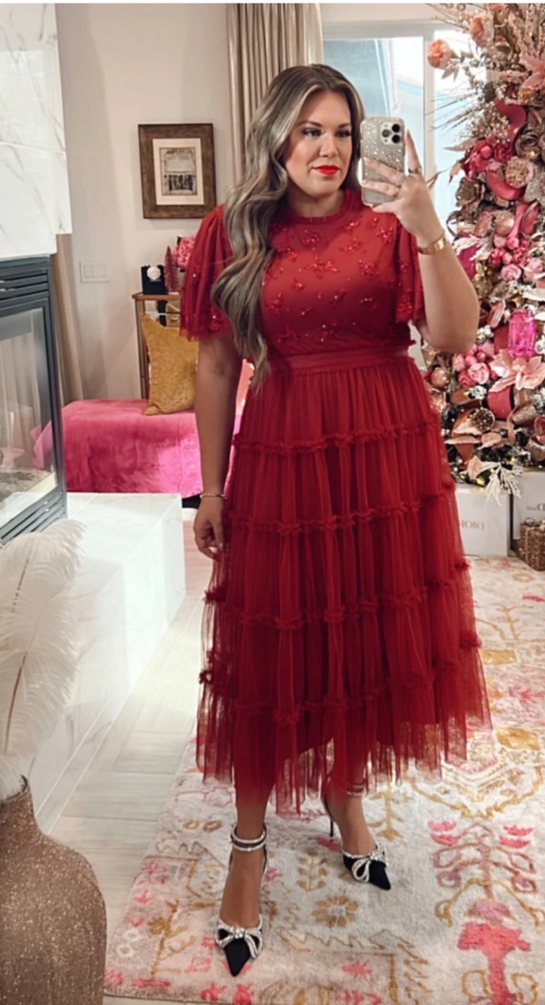 IVY CITY CO RED ANASTASIA TIERED BEADED EMBELLISHED TULLE DRESS size 4x