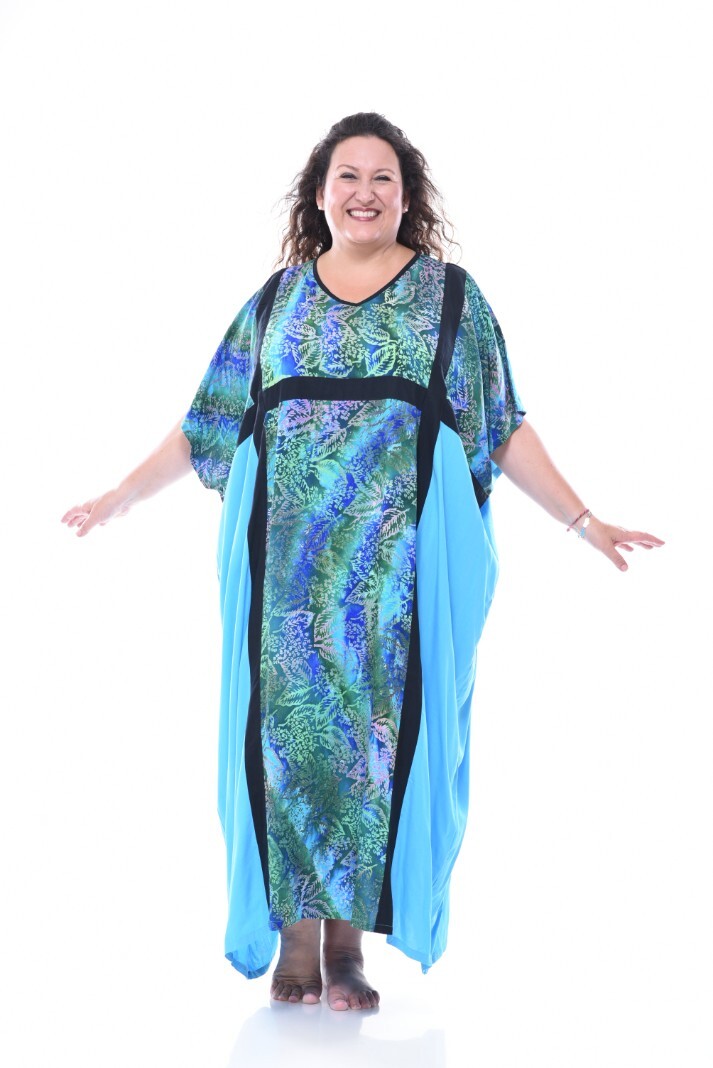 Flat Rayon V Neck Beautiful Blue Greens Caftan Dress 0X 1X 2X 3X 4X 5X Bust 78″
