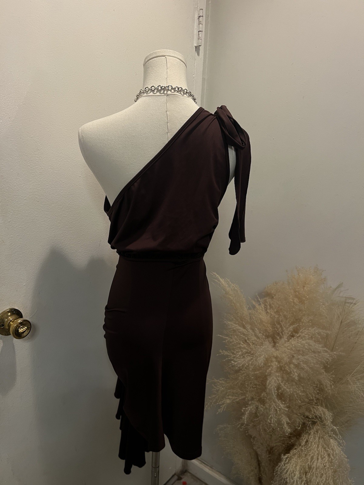 SHEIN Curve Brown Solid One-Shoulder Bow Bodycon Mini Dress Plus 0XL