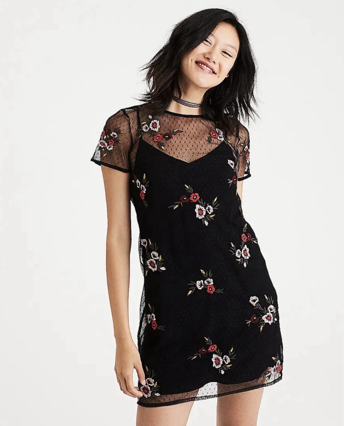 American Eagle Embroidered Floral Layered Black Lace Swiss Dot Dress Small