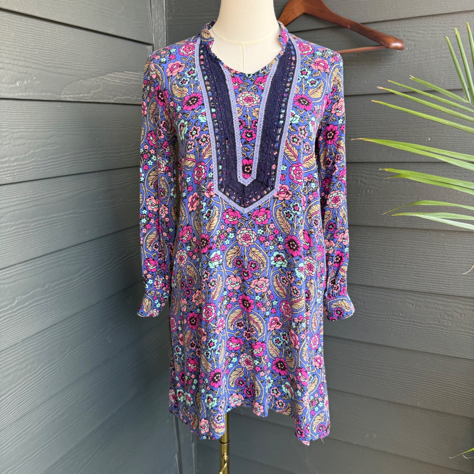 Matilda Jane Floral Boho Tunic Dress Crochet Bib Long Sleeve Women’s XS